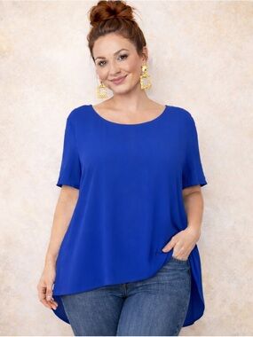 Lush Royal Blue High-Low Chiffon Blouse with Pleated Back Detail